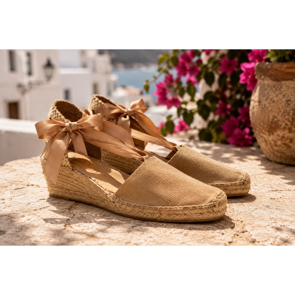 Diegos Classic Low Wedge Linen Lola Espadrilles Tan Lace Up Spain Womens 39